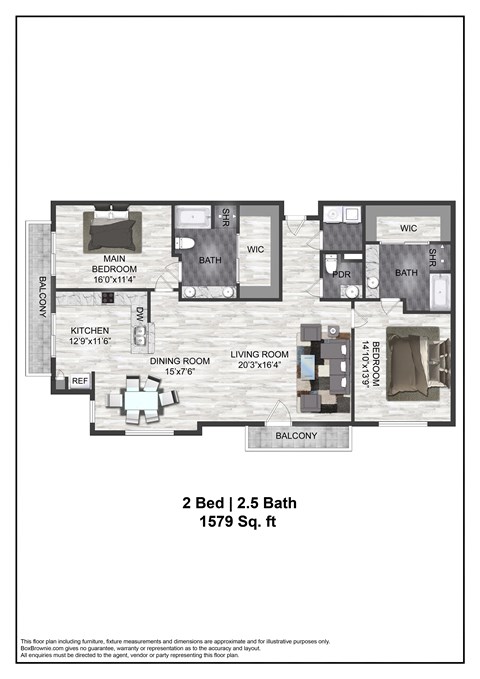 A floor plan of a 2 bedroom, 2.5 bath home that is 1579 sq. ft.